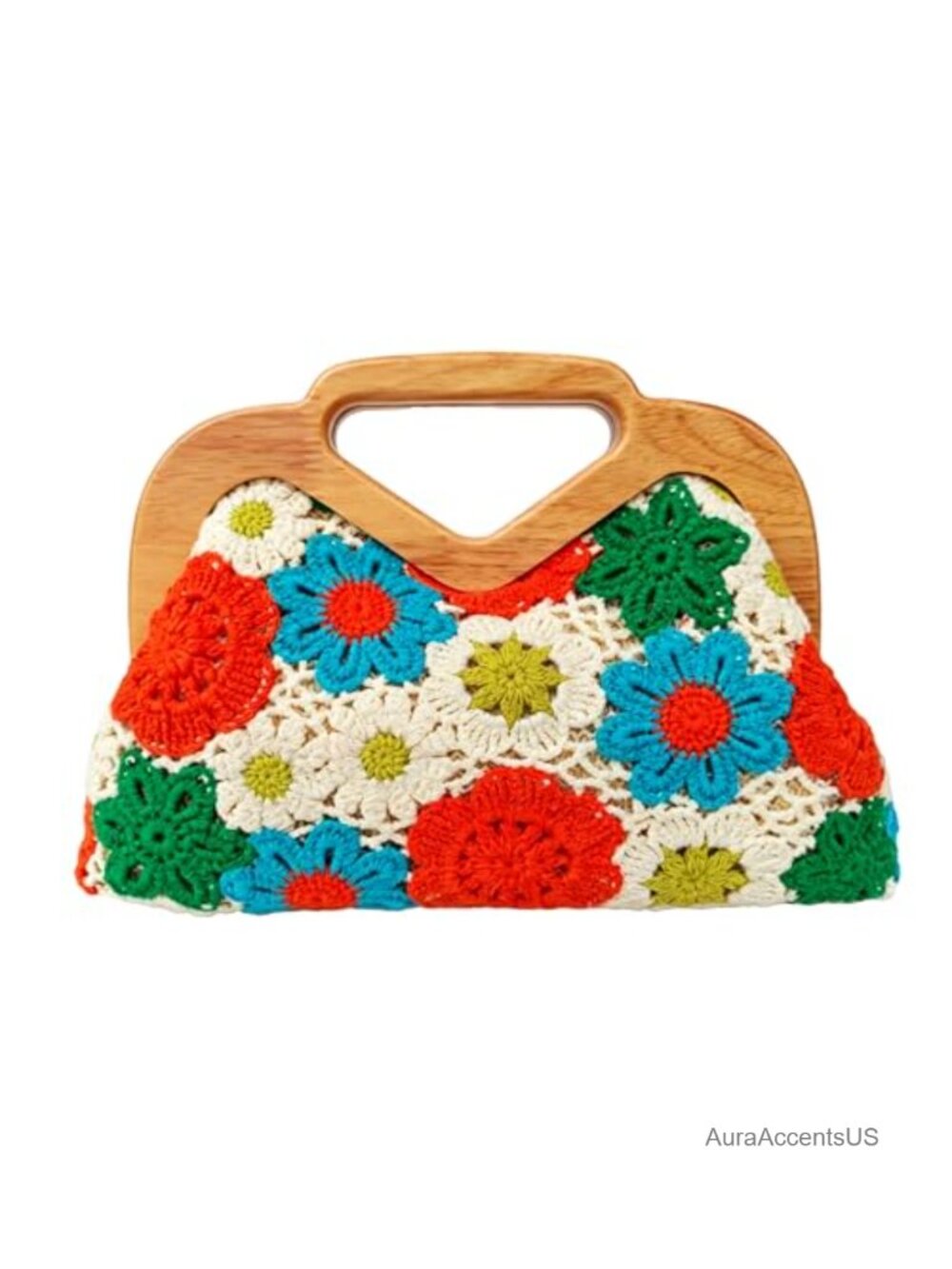 Hand Crochet Floral Clutch Handbag with Wooden Handle Boho